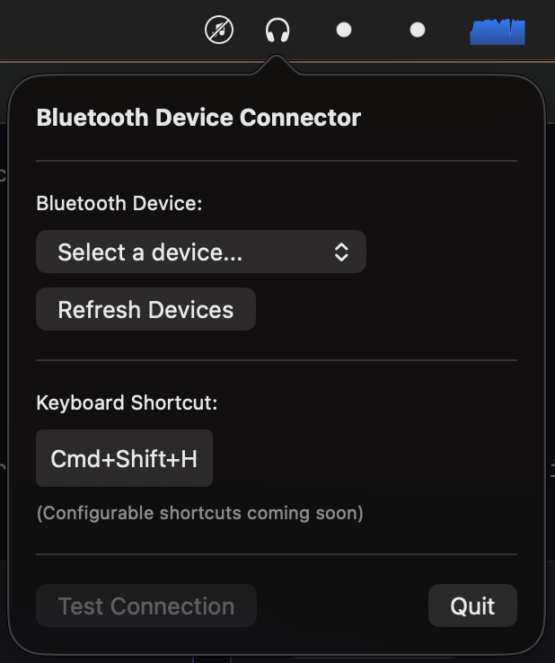 The btkey menu bar popover: a device picker, a global keyboard shortcut, and a test-connection button.