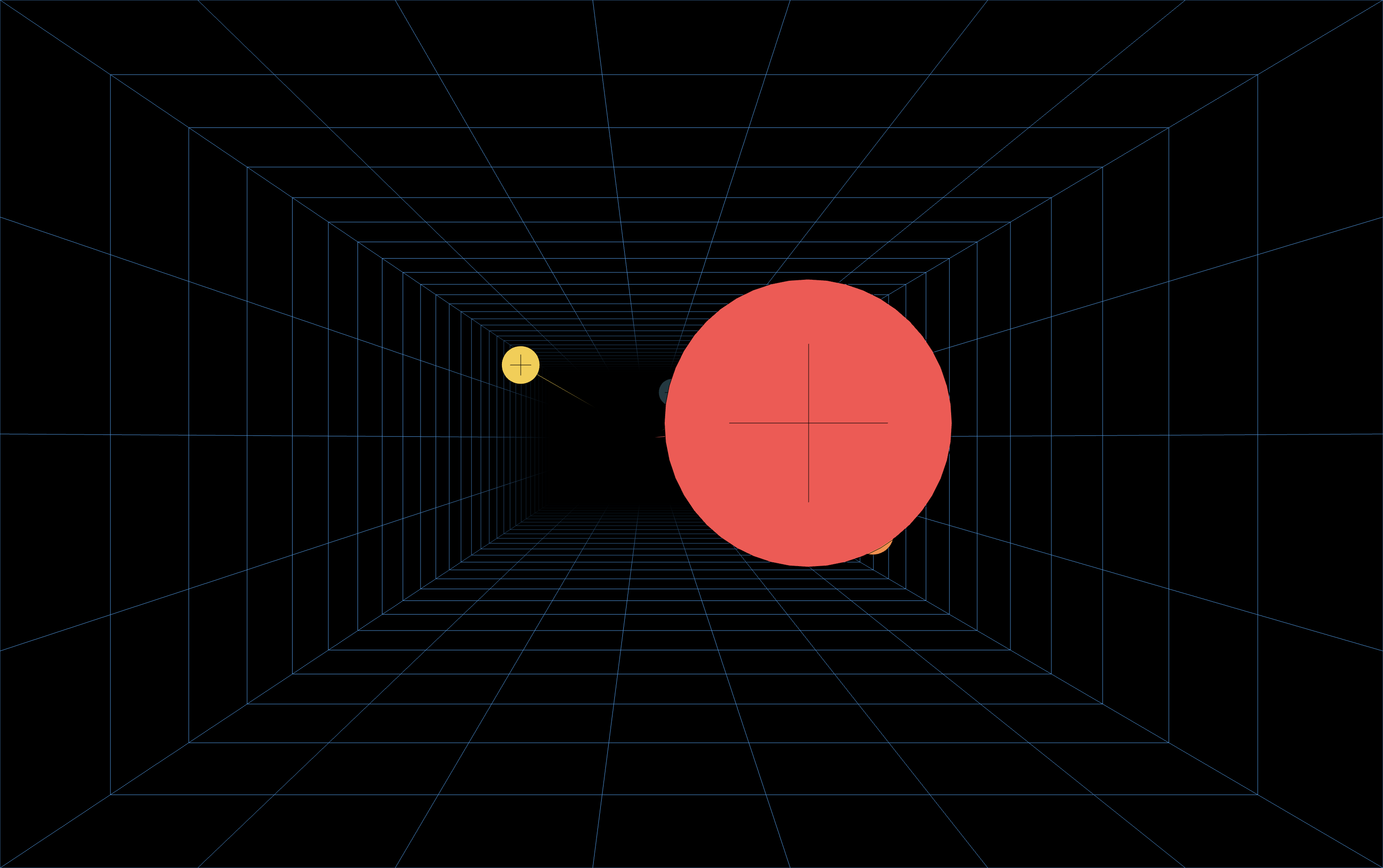 A wireframe grid tunnel receding into black, with a large red crosshair target appearing to float out in front of the screen and a small yellow target deeper in.